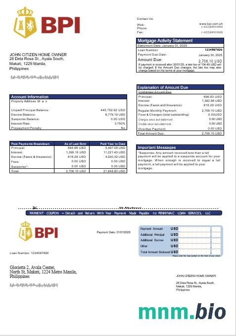 Filipiny Bank of The Philippine Islands wyciąg z kredytu hipotecznego w formatach Word i PDF